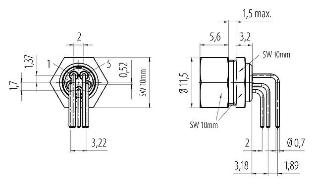 Connexion & dimensions M9 Embase femelle, coudé, Contacts: 5, non blindé, THT, IP40, Montage frontal