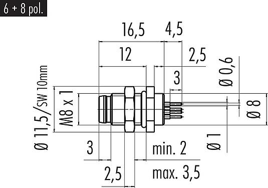 Scale drawing M8 Male panel mount connector, Contacts: 8, unshielded, THT, IP67, UL 2238, M8x1.0, Rear mounting, potted