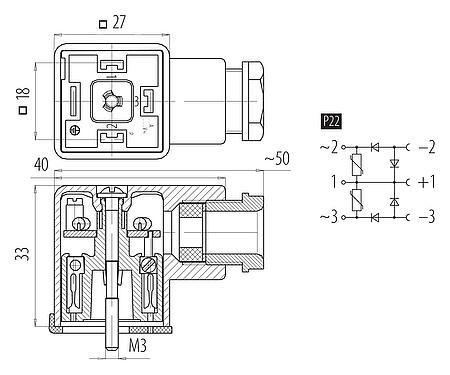 Méretarányos rajz készülék aljzat, : 3+PE, 6,0-8,0 mm, árnyékolatlan, csavaros bilincs, IP65 tömítéssel, lásd tartozékok, PG 9, P22 áramkör