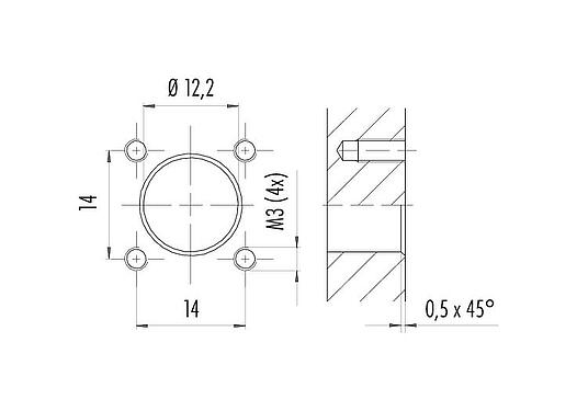 組裝說明/面板開孔 M12 孔頭方型法蘭座, : 4, 非遮罩, 帶導線, IP40, UL 2238, M3 (4x), 板前安裝, 模压
