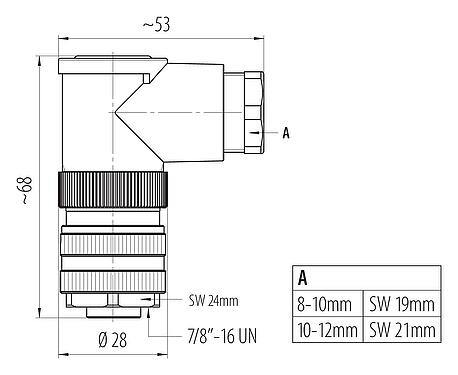 Dessin coté 7/8" Connecteur femelle coudé, Contacts: 2+PE, 8,0-10,0 mm, non blindé, pince à visser, IP67, UL 2238, VDE