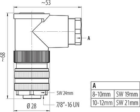 Schaaltekening 7/8" Female haakse connector, aantal polen: 4+PE, 8,0-10,0 mm, onafgeschermd, schroefklem, IP67, UL 2238, VDE