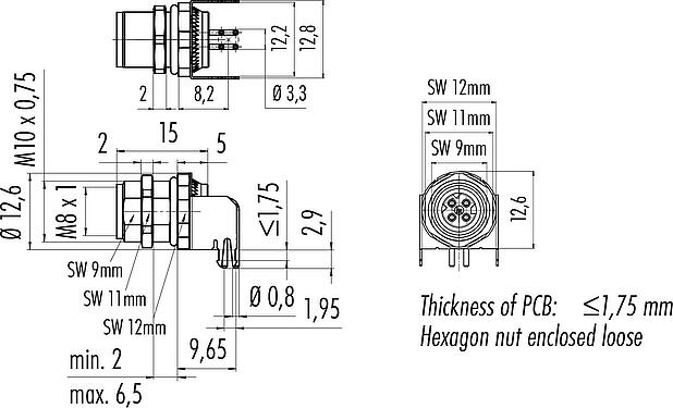 Scale drawing M8 Female panel mount connector, Contacts: 4, shieldable, THT, IP67, M8x1.0, Rear mounting, potted
