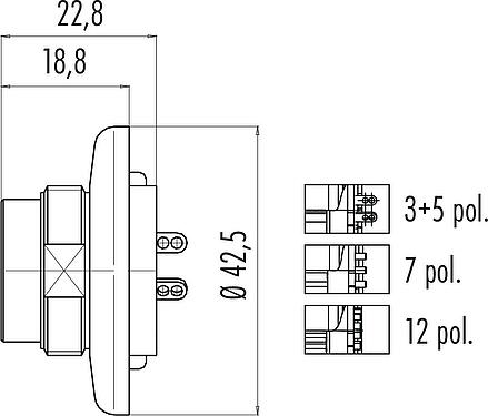 Maßzeichnung M25 Flanschstecker, Polzahl: 5, schirmbar, löten, IP40, Frontmontage