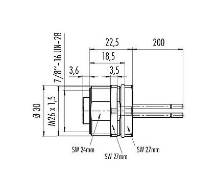 Méretarányos rajz 7/8" panelre szerelhető foglalat, : 4+PE, árnyékolatlan, sodrott vezeték, IP68, UL 2238, VDE, elülső rögzítés