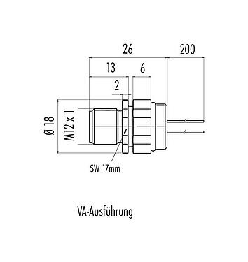 Maßzeichnung M12 Flanschstecker, Polzahl: 5, ungeschirmt, Litzen, IP68/IP69K, UL 2238, M16x1,5, Frontmontage, Edelstahl, positionierbar, vergossen