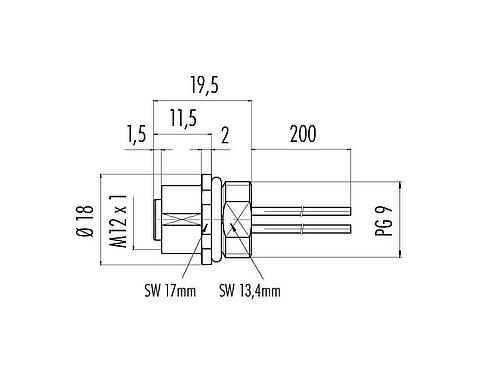 Výkres v měřítku M12 Přírubová zásuvka, : 4, nestíněný, Splétané vodiče, IP68, UL 2238, VDE, PG 9, Přední montáž, pro napájení (Power), tvarované