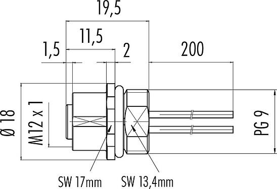 Scale drawing M12 Female panel mount connector, Contacts: 5, unshielded, single wires, IP67, UL 2238, VDE, PG 9, Front mounting, for the power supply, potted