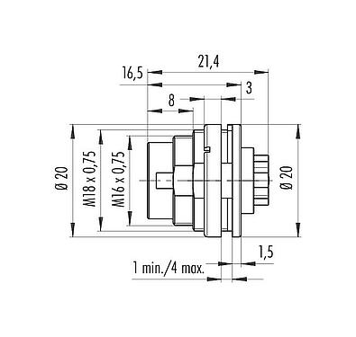 Scale drawing M16 Male panel mount connector, Contacts: 8 (08-a), unshielded, crimping (Crimp contacts must be ordered separately), IP40, M18x0,75, Rear mounting