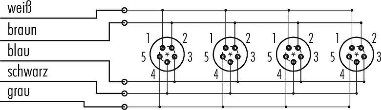 Belegungspläne Snap-In 4-fach-Verteiler, Polzahl: 5, ungeschirmt, am Kabel angespritzt, IP67, 5 x 0,75 mm²