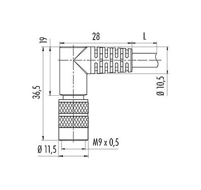 Mittakaavapiirustus M9 Kulmapistoke, Napojen määrä: 3, suojattu, suihkutettu kaapelille, IP67, PUR, musta, 5 x 0,25 mm², 2 m