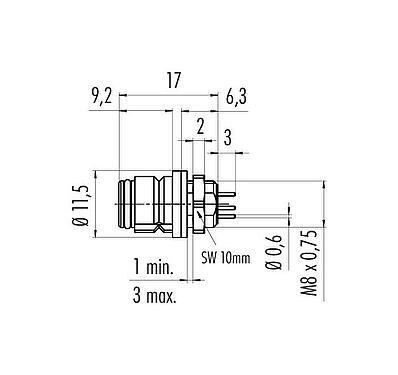 Scale drawing Snap-In Female panel mount connector, Contacts: 3, unshielded, THT, IP67, UL 2238, M8x0,75, Front mounting