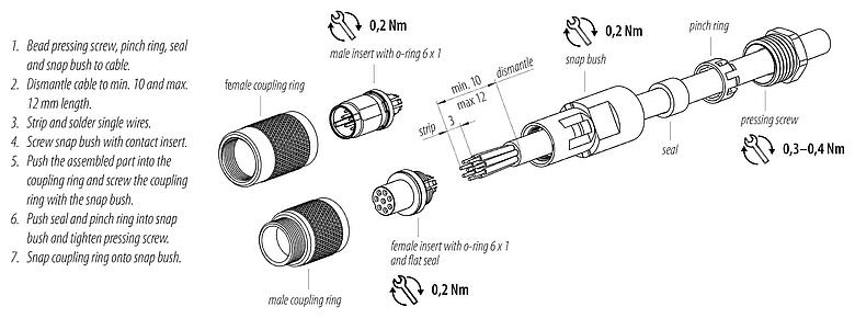 Assembly instructions M9 Male cable connector, Contacts: 3, 3.5-5.0 mm, unshielded, solder, IP67