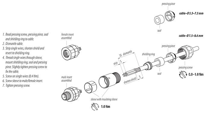 Montážní návod M12 Zástrčka kabelu, : 4, 5,5-8,6 mm, stínitelné, šroubovací svorka, IP68/IP69K, UL 2238, Ecolab, Nerezová ocel, s ochranným kroužkem
