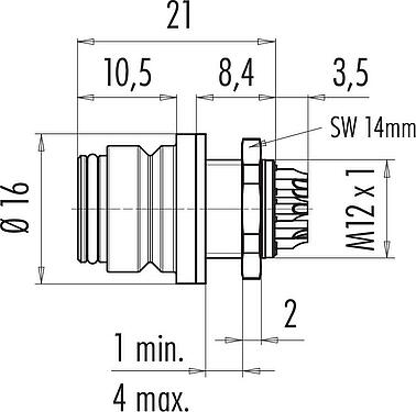 Maßzeichnung Snap-In Flanschdose, Polzahl: 5, ungeschirmt, löten, IP67, UL 2238, VDE, M12x1,0, Frontmontage