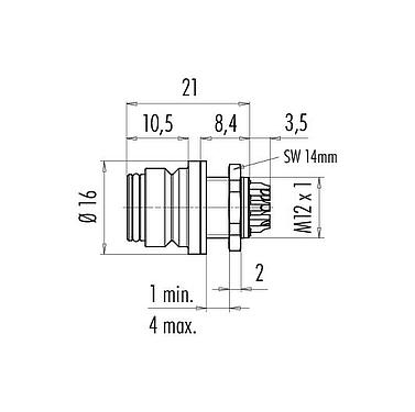 Dessin coté Snap-In Embase femelle, Contacts: 8, non blindé, souder, IP67, UL 2238, VDE, M12x1,0, Montage frontal