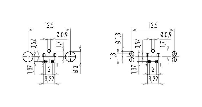 Layout dos condutores M9 Bujão flangeado, Contatos: 5, blindável, THT, IP67, M12x0,5, Montagem no painel traseiro