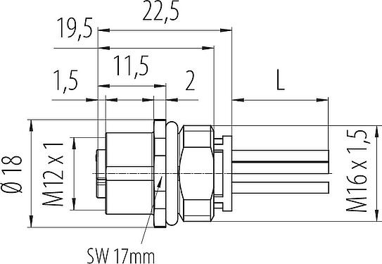 Schaaltekening M12 Female panel mount connector, aantal polen: 5, onafgeschermd, draden, IP68, UL 2238, M16x1,5, Frontaansluiting, gegoten