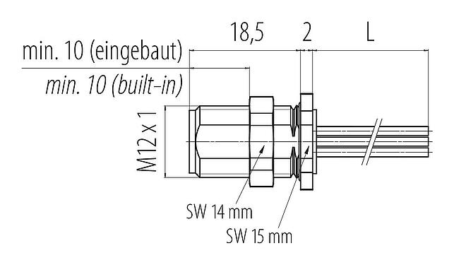 Méretarányos rajz M12 panelre szerelhető csatlakozó, : 8, árnyékolatlan, sodrott vezeték, IP68, UL 2238, M12x1,0, hátsó panel felszerelés