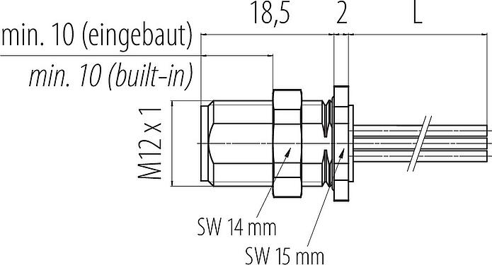 Scale drawing M12 Male panel mount connector, Contacts: 12, unshielded, single wires, IP68, UL 2238, M12x1.0, Rear mounting