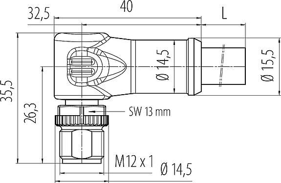 Schaaltekening M12 Male haakse connector, aantal polen: 4, onafgeschermd, aan de kabel aangegoten, IP68, UL, PUR, zwart, 4 x 1,50 mm², 5 m