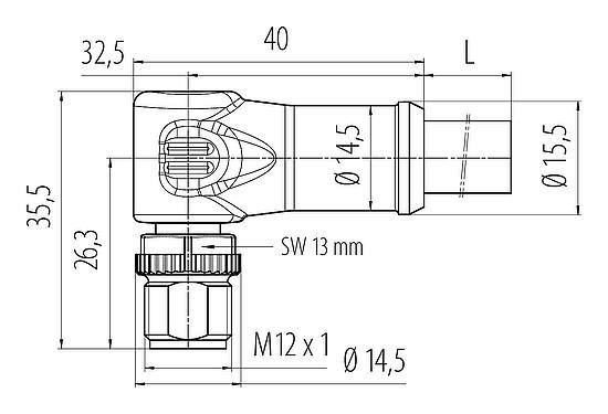 Dessin coté M12 Connecteur mâle coudé, Contacts: 4, non blindé, surmoulé sur le câble, IP68, UL, PUR, noir, 4 x 1,50 mm², 5 m