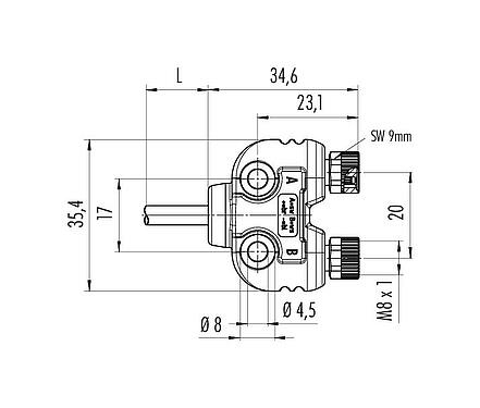 Maßzeichnung M8 Zweifachverteiler, Y-Verteiler, Polzahl: 3, ungeschirmt, am Kabel angespritzt, IP68, UL 2238, PUR, schwarz, 4 x 0,25 mm², mit LED PNP, 2 m