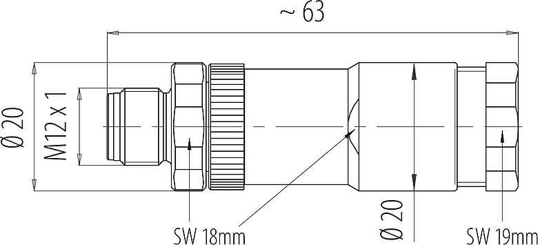 Schaaltekening M12 Duo-kabel male, aantal polen: 4, 2.1-3.0 mm (2 Kabel) of 4-5 mm (2 Kabel), onafgeschermd, schroefklem, IP67, UL 2238
