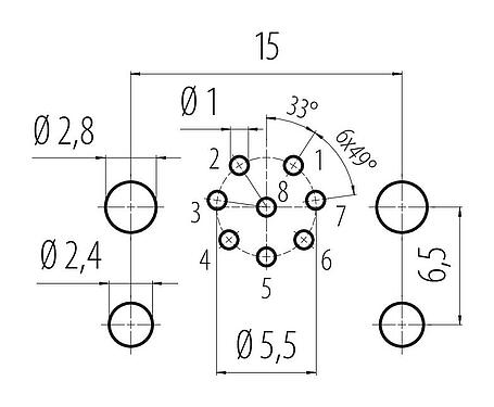 Lábkiosztás M12 panelre szerelhető csatlakozó, : 8, árnyékolatlan, THR, IP68, UL 2238, M12x1,0, hátsó panel felszerelés, PCB szereléshez