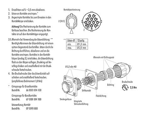 Montageanleitung Bajonett Flanschdose, Polzahl: 12, ungeschirmt, crimpen (Crimpkontakte müssen separat bestellt werden), IP68/IP69K, UL 2238, VDE, Frontmontage, UV-Beständig