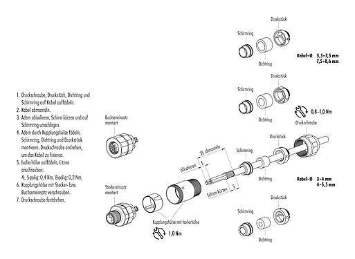 Montageanleitung M12 Kabelstecker, Polzahl: 4, 3,0-5,5 mm, schirmbar, schraubklemm, IP68/IP69K, UL 2238, Ecolab, Edelstahl, mit Schirmring