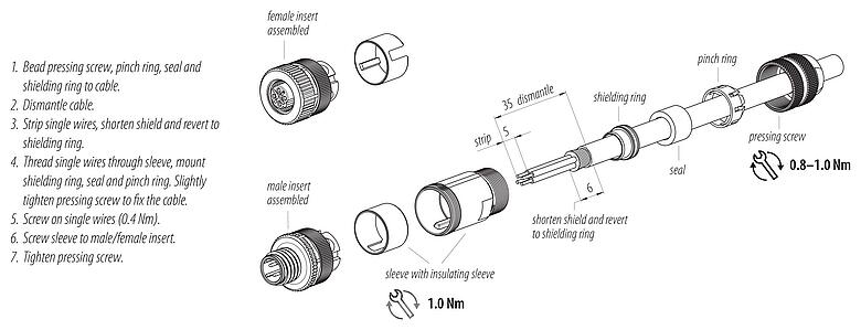 Assembly instructions M12 Male cable connector, Contacts: 4, 6.0-8.0 mm, shieldable, screw clamp, IP67, UL 2238