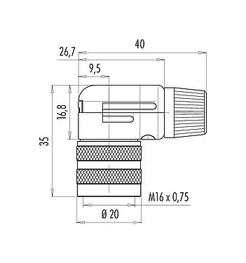 Rysunek z wymiarami M16 Zeńskie złącze kablowe kątowe, Kontaktów: 5 (05-b), 4,0-6,0 mm, do ekranowania, lutowanie, IP40