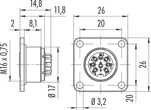 Scale drawing M16 Square female panel mount connector, Contacts: 5 (05-a), unshielded, crimping (Crimp contacts must be ordered separately), IP67, UL 2238, M3 (4x), Front mounting