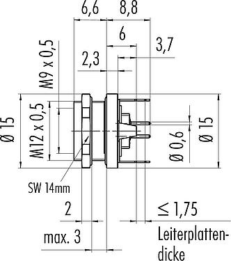 Maßzeichnung M9 Flanschdose, Polzahl: 3, schirmbar, THT, IP67, M12x0,5, Rückwandmontage, vergossen