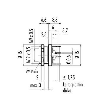 Maßzeichnung M9 Flanschdose, Polzahl: 4, schirmbar, THT, IP67, M12x0,5, Rückwandmontage