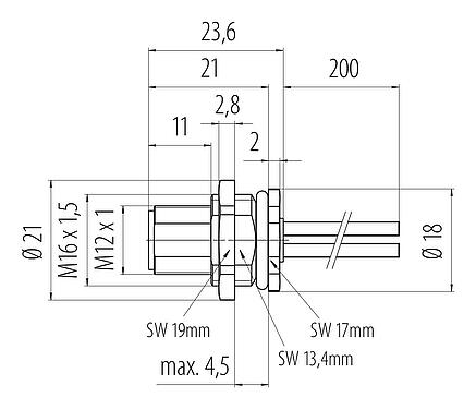 Dessin coté M12 Embase mâle, Contacts: 4, non blindé, fils, IP68, UL 2238, M16x1,5, Montage mural arrière