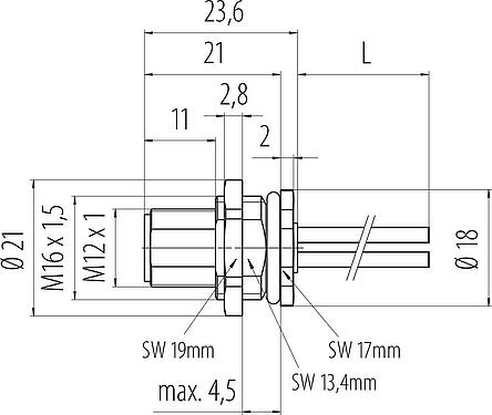 比例图 M12 针头法兰座, 极数: 4, 非屏蔽, 带导线, IP68, M16x1.5, 後壁安裝