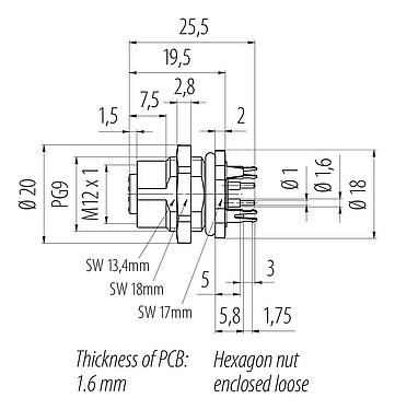 Scale drawing M12 Female panel mount connector, Contacts: 4, shieldable, THT, IP67, UL 2238, PG 9, Rear mounting
