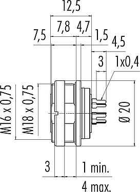 Scale drawing M16 Female panel mount connector, Contacts: 5 (05-a), unshielded, THT, IP67, UL 2238, M18x0,75, Rear mounting