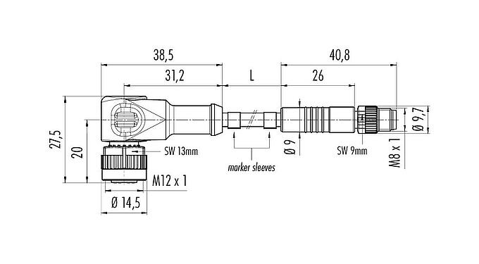 Dessin coté M12/M8 Connecteur mâle - connecteur d‘angle femelle, Contacts: 3, non blindé, surmoulé sur le câble, IP67/IP69K, UL 2238, PUR, noir, 3 x 0,34 mm², 2 m