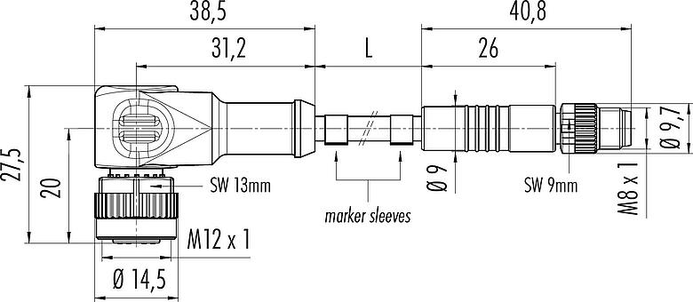 Scale drawing M12/M8 Male cable connector - female angled connector, Contacts: 4, unshielded, moulded on the cable, IP67/IP69K, UL 2238, PUR, black, 4 x 0.34 mm², 2 m