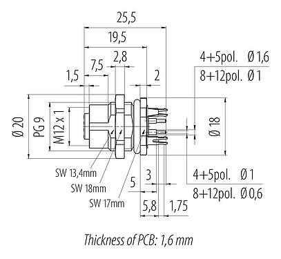 比例圖 M12 孔頭法蘭座, : 12, 可接遮罩, THT, IP68, UL 2238, PG 9, 後壁安裝