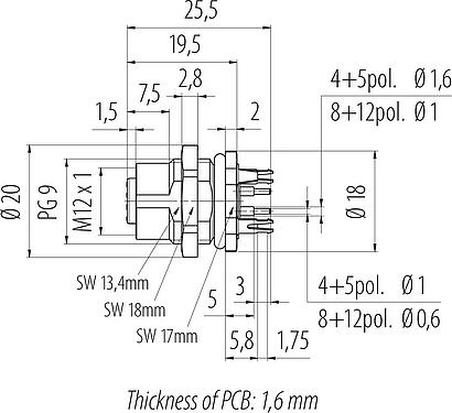 Scale drawing M12 Female panel mount connector, Contacts: 12, shieldable, THT, IP68, UL 2238, PG 9, Rear mounting, potted