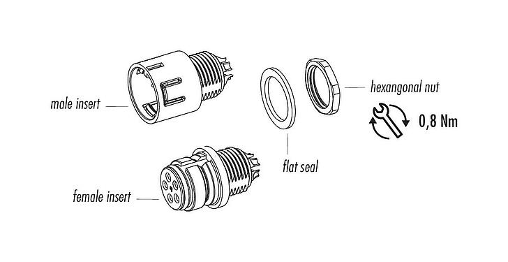 Dessin des composants Snap-In Embase femelle, Contacts: 8, non blindé, souder, IP67, UL 2238, VDE, M12x1,0, Montage frontal