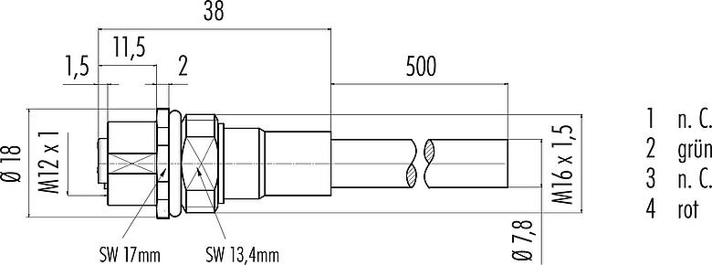 Maßzeichnung M12 Flanschdose, Polzahl: 2, geschirmt, mit Kabel konfektioniert, IP68, M16x1,5, Profibus, PUR, violett, 1 x 2 x 0,25 mm², Frontmontage, 0,5 m