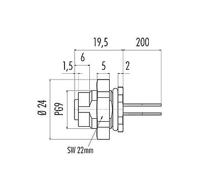 Méretarányos rajz M12 panelre szerelhető foglalat, : 8, árnyékolatlan, sodrott vezeték, IP67, UL 2238, PG 9, hátsó panel felszerelés