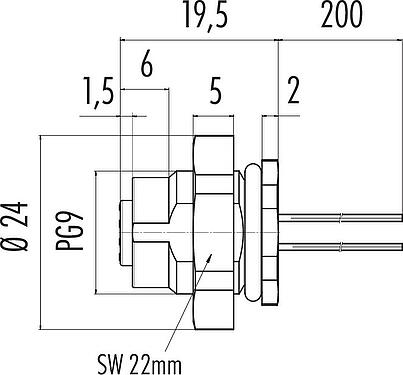 Scale drawing M12 Female panel mount connector, Contacts: 4, unshielded, single wires, IP67, UL 2238, PG 9, Rear mounting