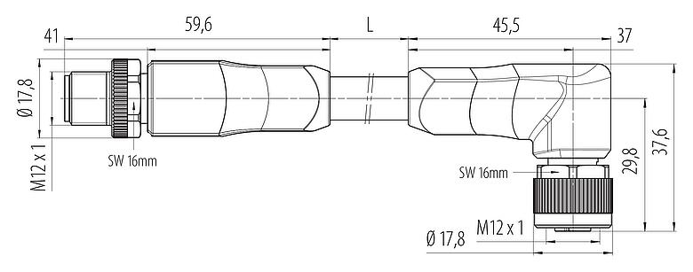 Dessin coté M12 Connecteur mâle - connecteur d‘angle femelle, Contacts: 4+FE, non blindé, surmoulé sur le câble, IP68, UL 2238, PUR, noir, 5 x 2,50 mm², 2 m