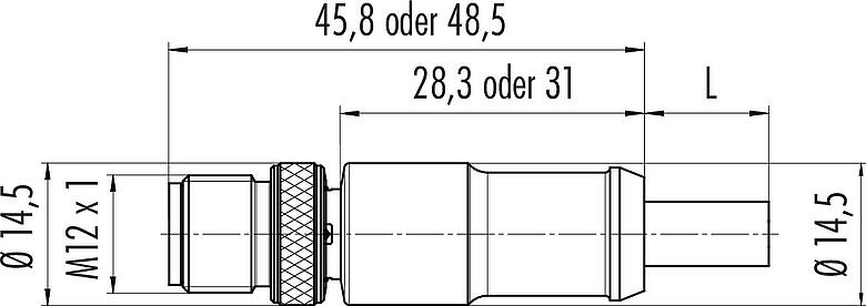 Maßzeichnung M12 Kabelstecker, Polzahl: 3, geschirmt, am Kabel angespritzt, IP67, UL 2238, PUR, schwarz, 3 x 0,34 mm², 2 m